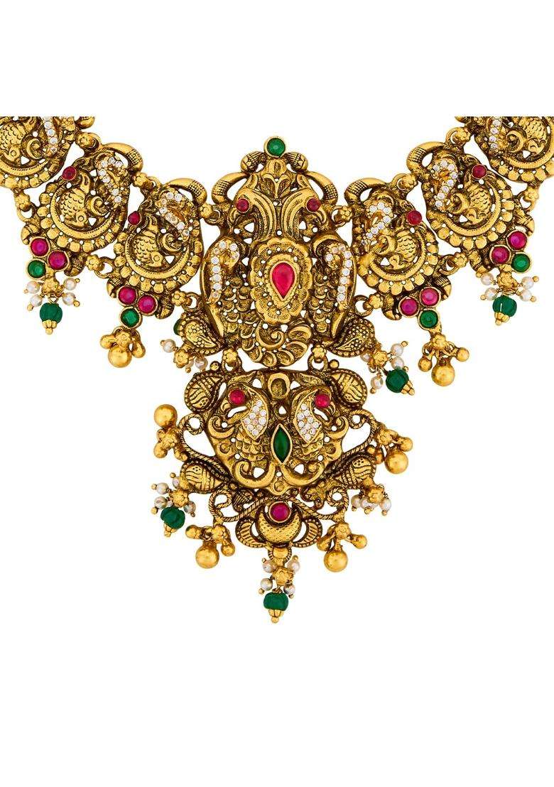 Kushals Fashion Jewellery Ruby Green Oxidised Gold Plated 925 Silver Temple Necklace for Women - Indya