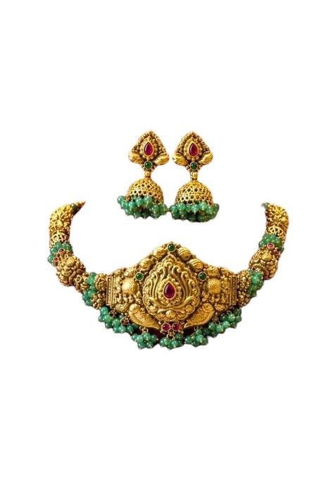 Gold Plated Multi Layer Beaded Necklace with Jhumka Earrings South Indian Temple Bridal Jewellery Set
