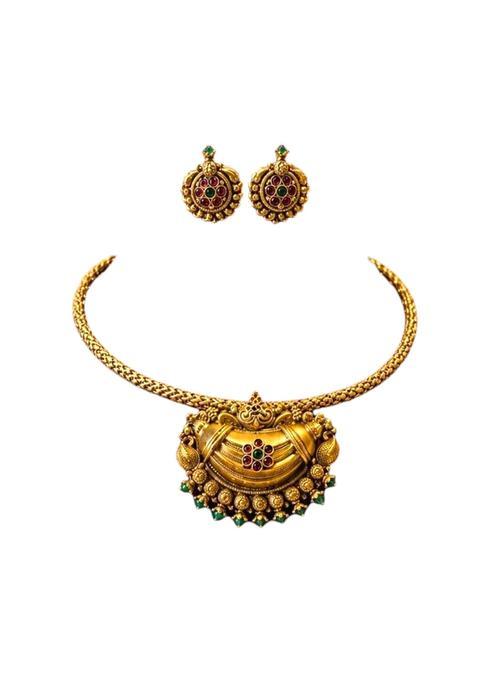 Traditional Gold Plated Copper Temple Necklace Set with Earrings Rajwadi Polish Wedding Jewellery for Women