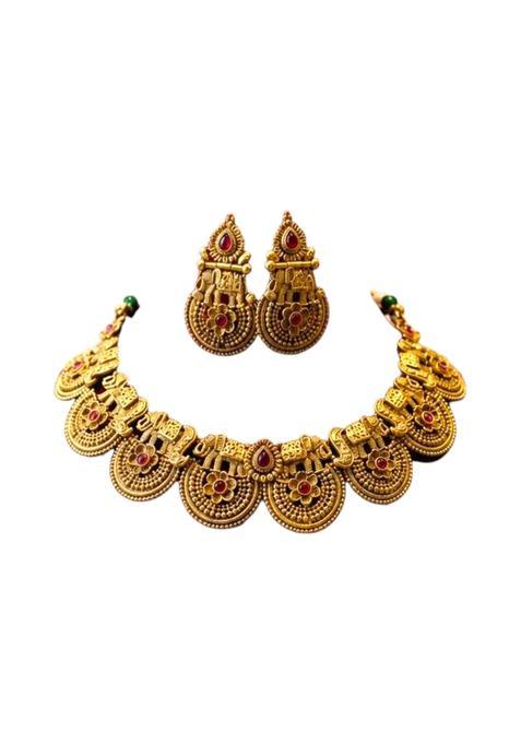 Ishita Jewellery South Indian Temple Necklace Set with Earrings Gold Plated Copper Rajwadi Polish Bridal Style