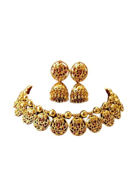 Ishita Jewellery South Indian Temple Necklace Set with Earrings Gold Plated Copper Rajwadi Polish Bridal Style