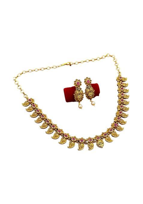 Ishita Jewellery Temple South Indian Necklace Set with Earrings Gold Plated Copper American Diamond Stones