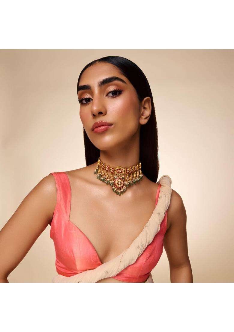 Kushals Fashion Jewellery Ruby Green Gold Plated 925 Silver Temple Necklace for Women - Indya