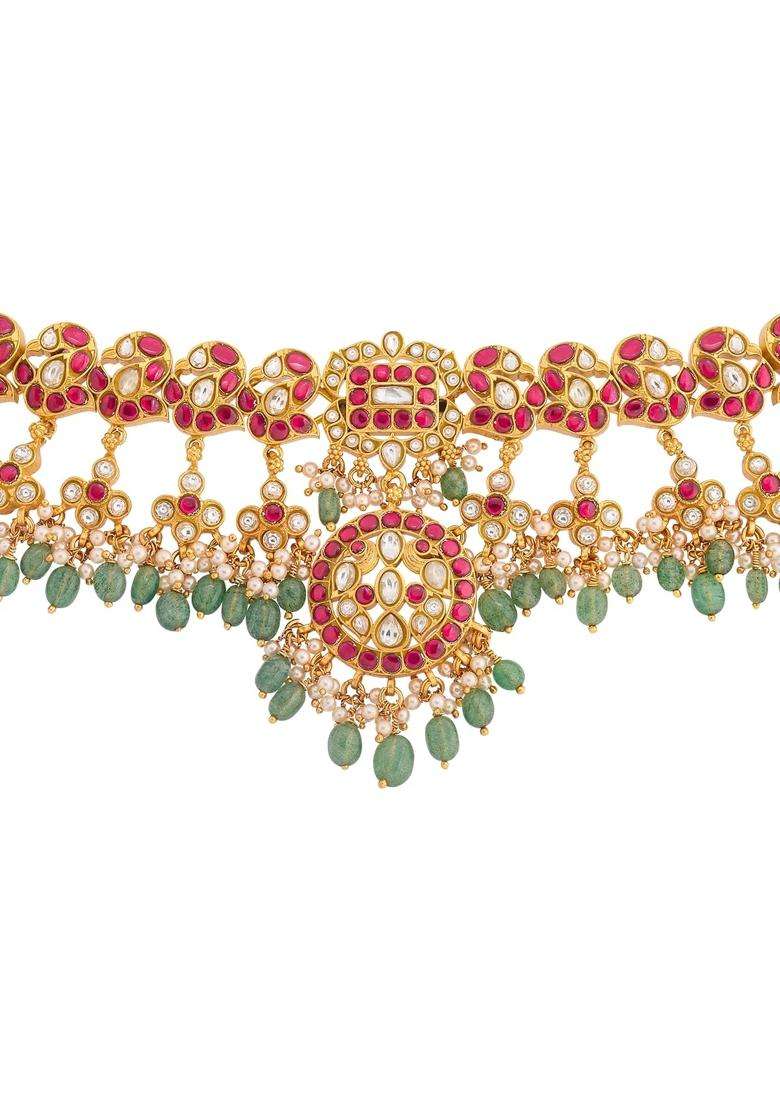 Kushals Fashion Jewellery Ruby Green Gold Plated 925 Silver Temple Necklace for Women - Indya