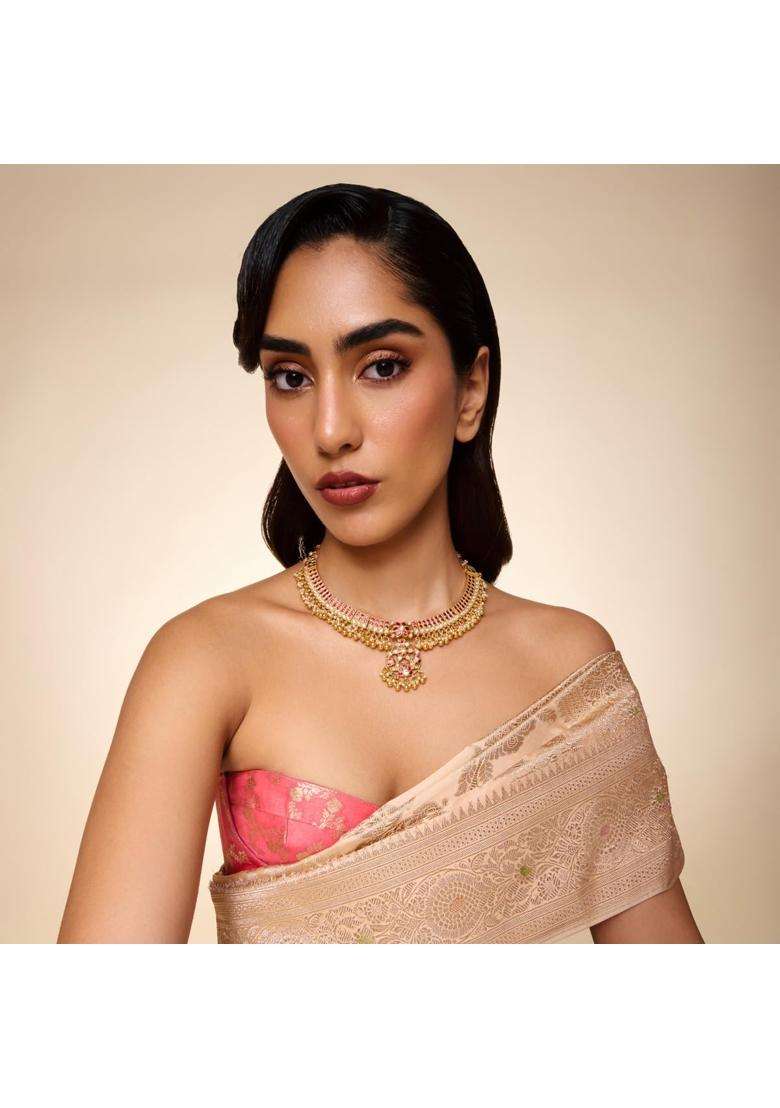 Kushals Fashion Jewellery Ruby Green Gold Plated 925 Silver Temple Necklace for Women - Indya