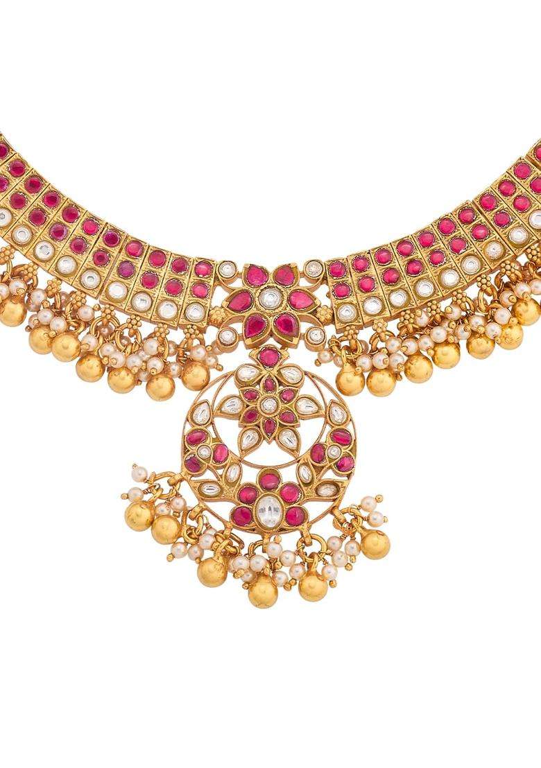 Kushals Fashion Jewellery Ruby Green Gold Plated 925 Silver Temple Necklace for Women - Indya