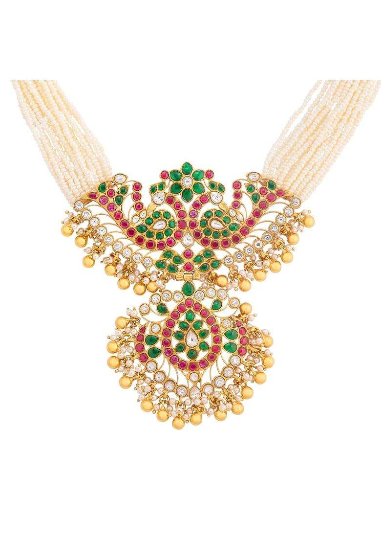 Kushals Fashion Jewellery Ruby Green Gold Plated 925 Silver Temple Long Necklace for Women - Indya