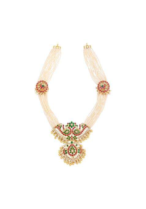Kushals Fashion Jewellery Ruby Green Gold Plated 925 Silver Temple Long Necklace for Women