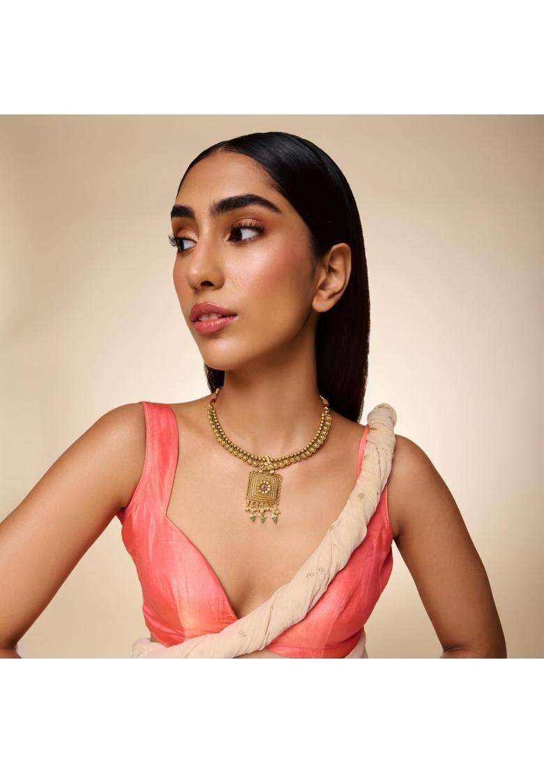 Kushals Fashion Jewellery Ruby Green Oxidised Gold Plated 925 Silver Temple Necklace for Women - Indya