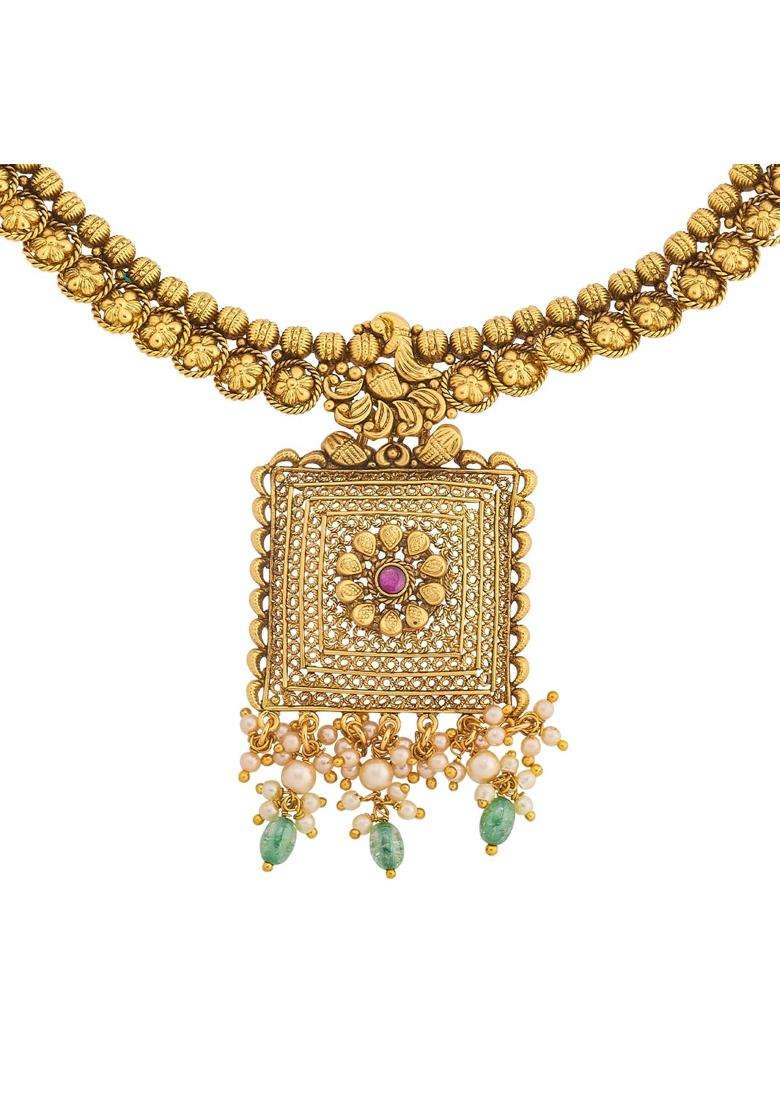 Kushals Fashion Jewellery Ruby Green Oxidised Gold Plated 925 Silver Temple Necklace for Women - Indya