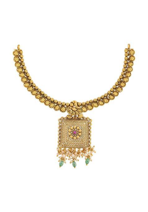 Kushals Fashion Jewellery Ruby Green Oxidised Gold Plated 925 Silver Temple Necklace for Women