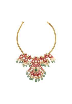 Kushals Fashion Jewellery Ruby Green Gold Plated 925 Silver Temple Necklace for Women