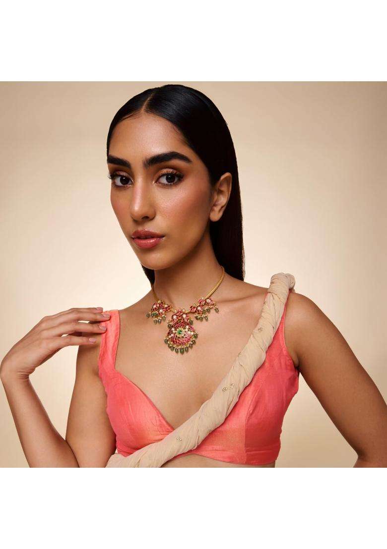 Kushals Fashion Jewellery Ruby Green Gold Plated 925 Silver Temple Necklace for Women - Indya