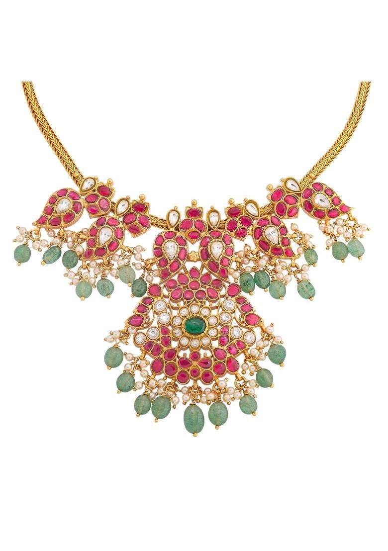 Kushals Fashion Jewellery Ruby Green Gold Plated 925 Silver Temple Necklace for Women - Indya