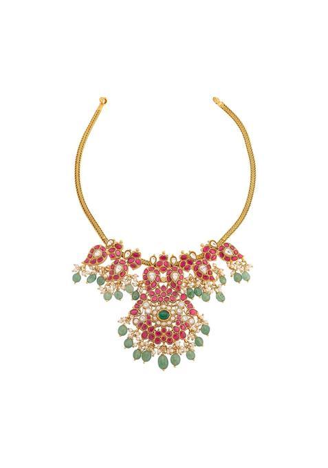 Kushals Fashion Jewellery Ruby Green Gold Plated 925 Silver Temple Necklace for Women