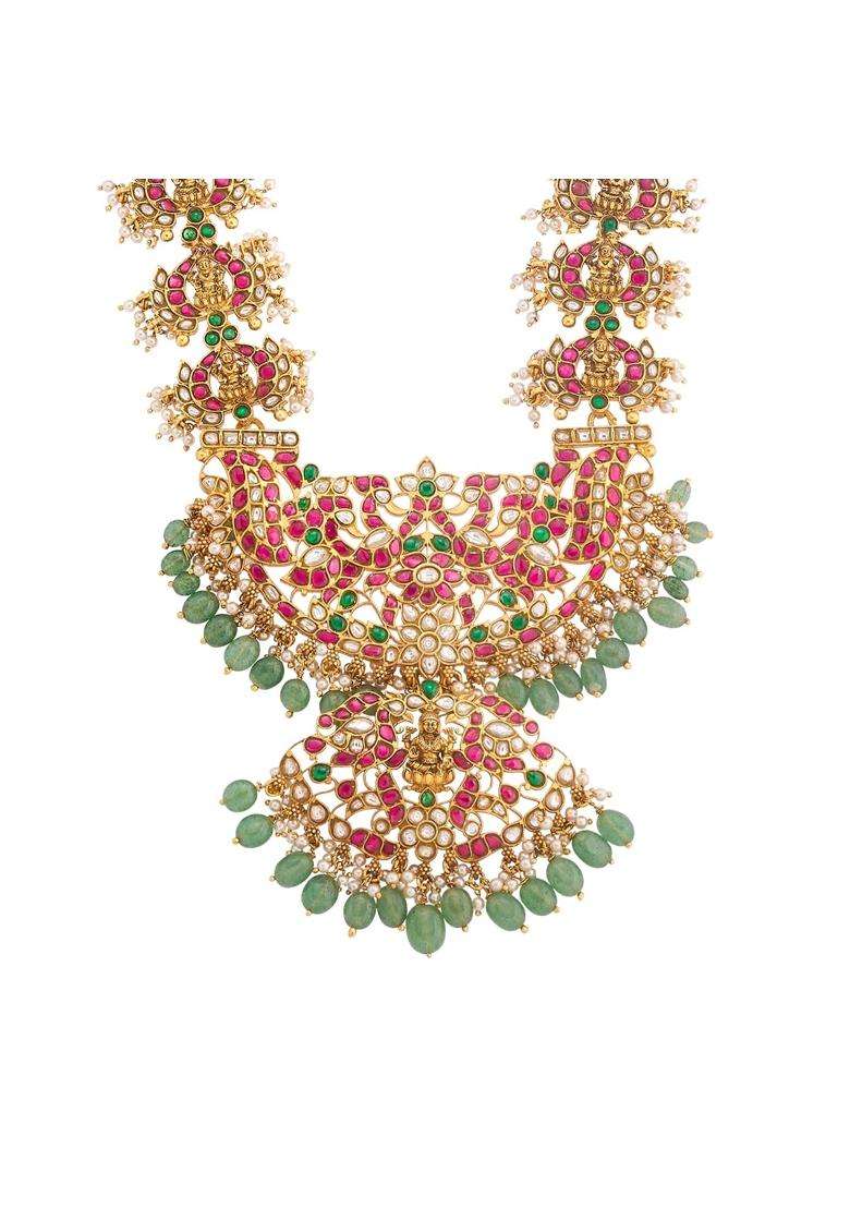 Kushals Fashion Jewellery Ruby Green Oxidised Gold Plated 925 Silver Temple Long Necklace for Women - Indya