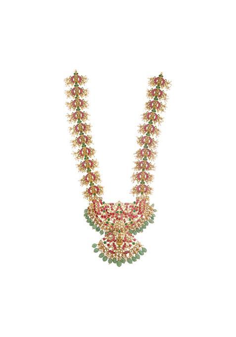 Kushals Fashion Jewellery Ruby Green Oxidised Gold Plated 925 Silver Temple Long Necklace for Women