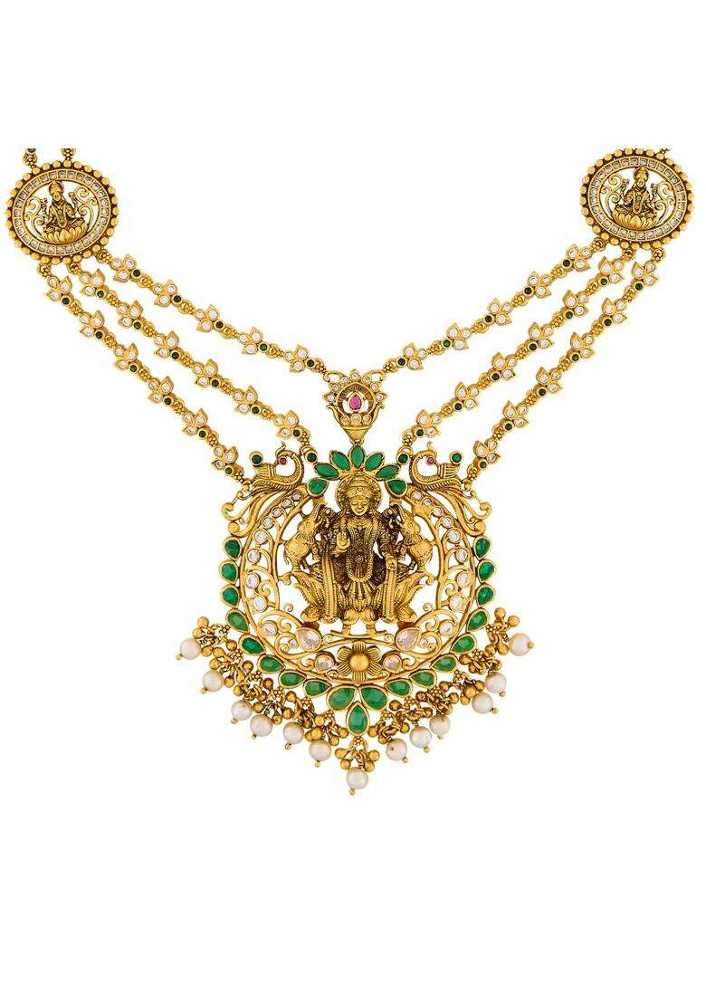 Kushals Fashion Jewellery Ruby Green Oxidised Gold Plated 925 Silver Temple Necklace for Women - Indya