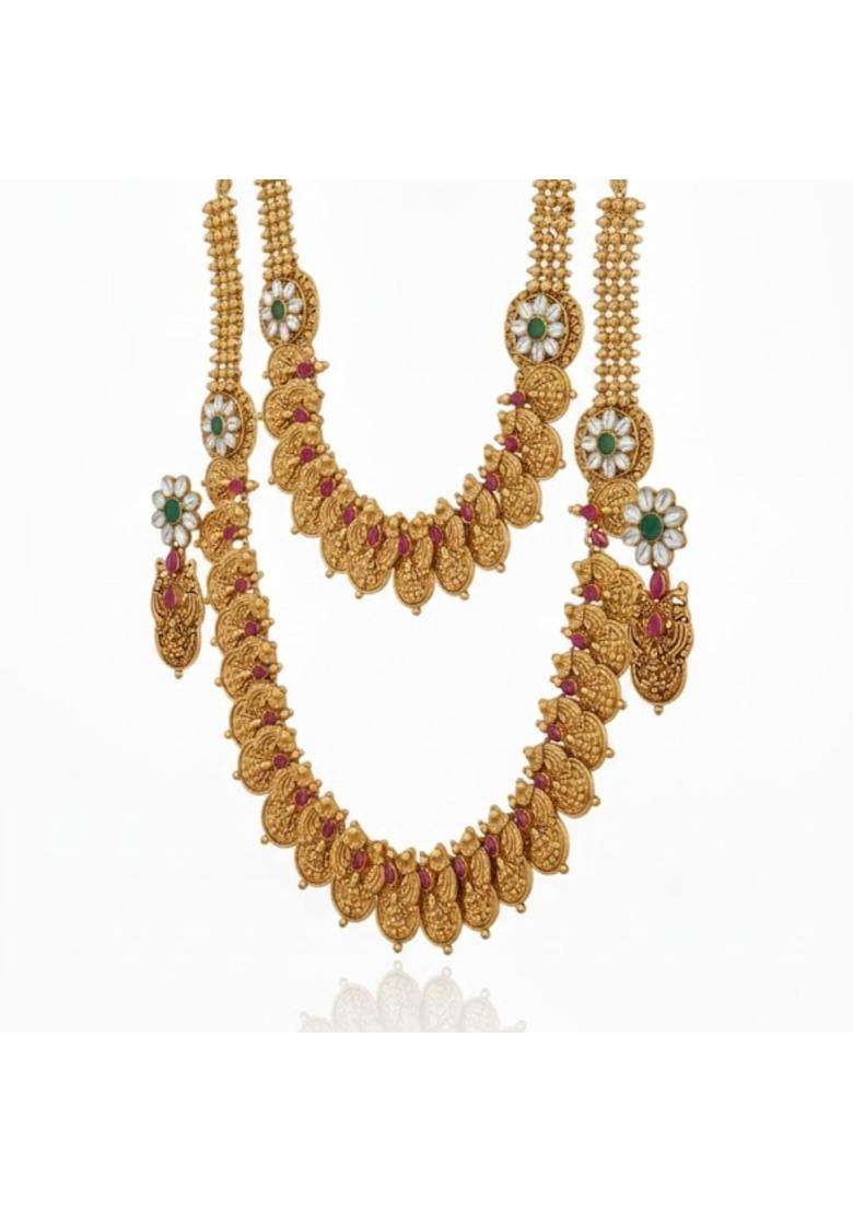 Anvaha Traditional Coin Temple Jewellery Set for Women South Indian Gold Plated Necklace Set with Matching - Indya