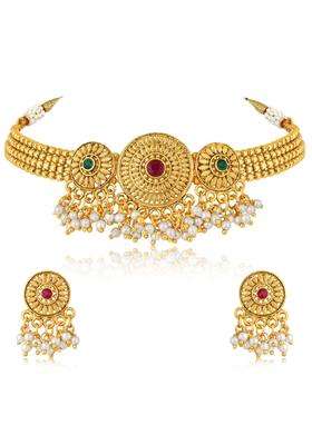Aheli Gold Plated Rani Pink Green Synthetic Stone and Beads Studded Necklace Dangle Earrings Set Ethnic