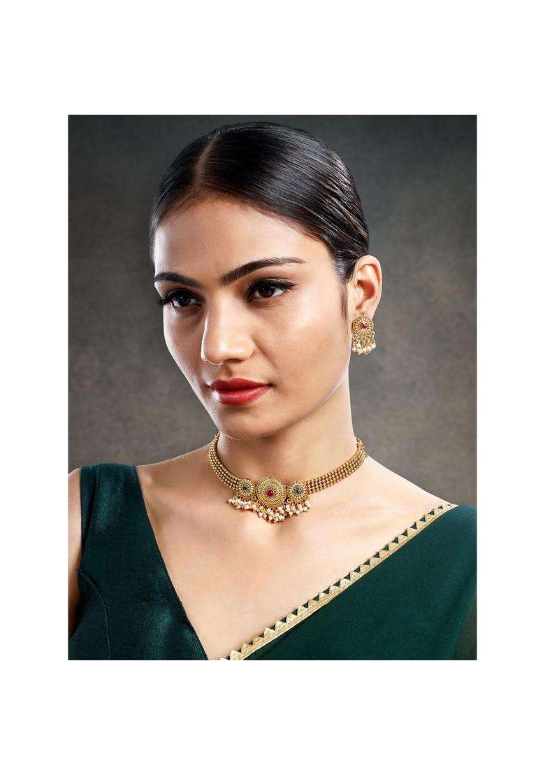 Aheli Gold Plated Rani Pink Green Synthetic Stone and Beads Studded Necklace Dangle Earrings Set Ethnic - Indya
