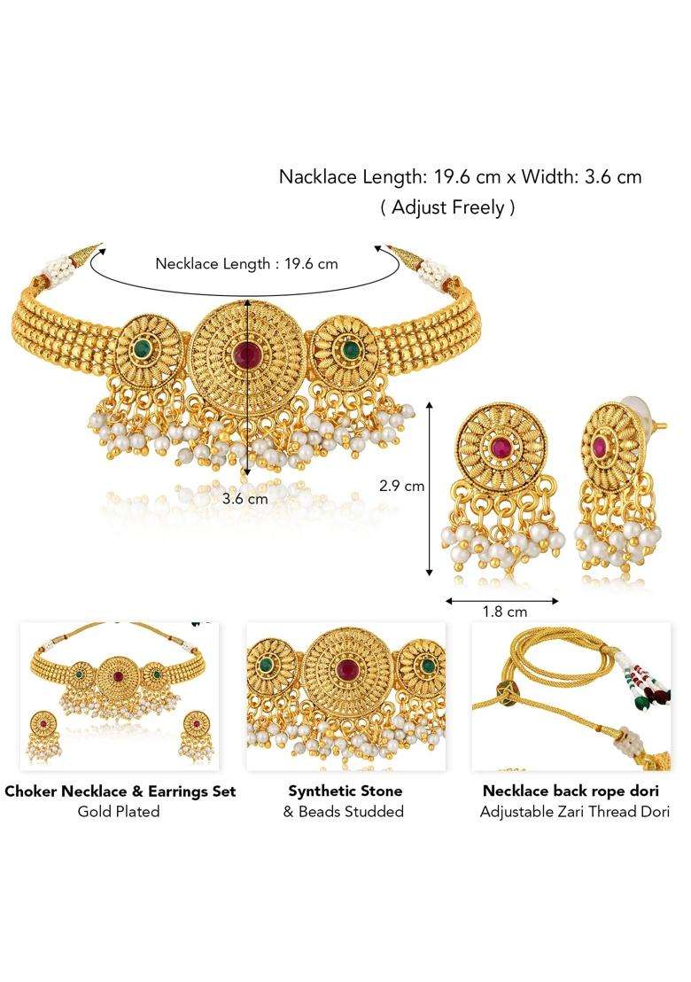Aheli Gold Plated Rani Pink Green Synthetic Stone and Beads Studded Necklace Dangle Earrings Set Ethnic - Indya