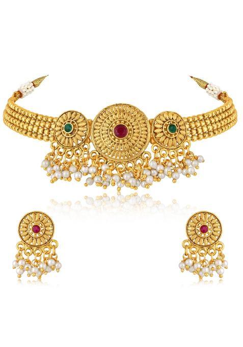 Aheli Gold Plated Rani Pink Green Synthetic Stone and Beads Studded Necklace Dangle Earrings Set Ethnic