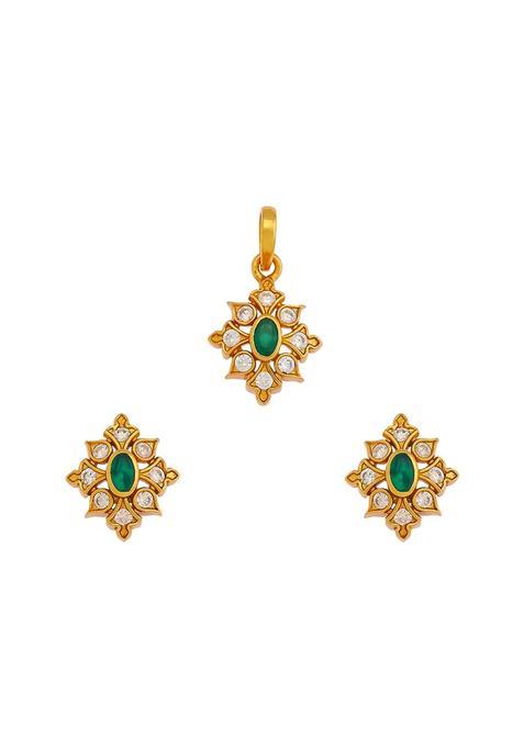 Kushals Fashion Jewellery Green Gold Polished 925 Silver Temple Pendant Earring Set Without Chain