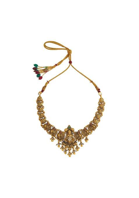 Kushals Fashion Jewellery White Gold Polished 925 Silver Temple Necklace with Adjustable Thread