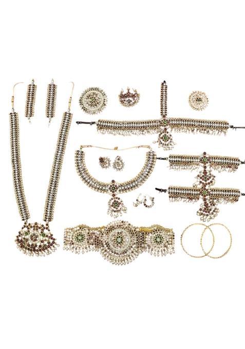Elite Trading White Red Stone Heavy Bharatanatyam Jewelry Set