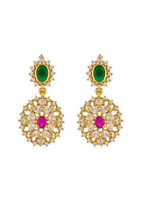 Kushals Fashion Jewellery Ruby Green Gold Polished 925 Silver Temple Hanging Earrings