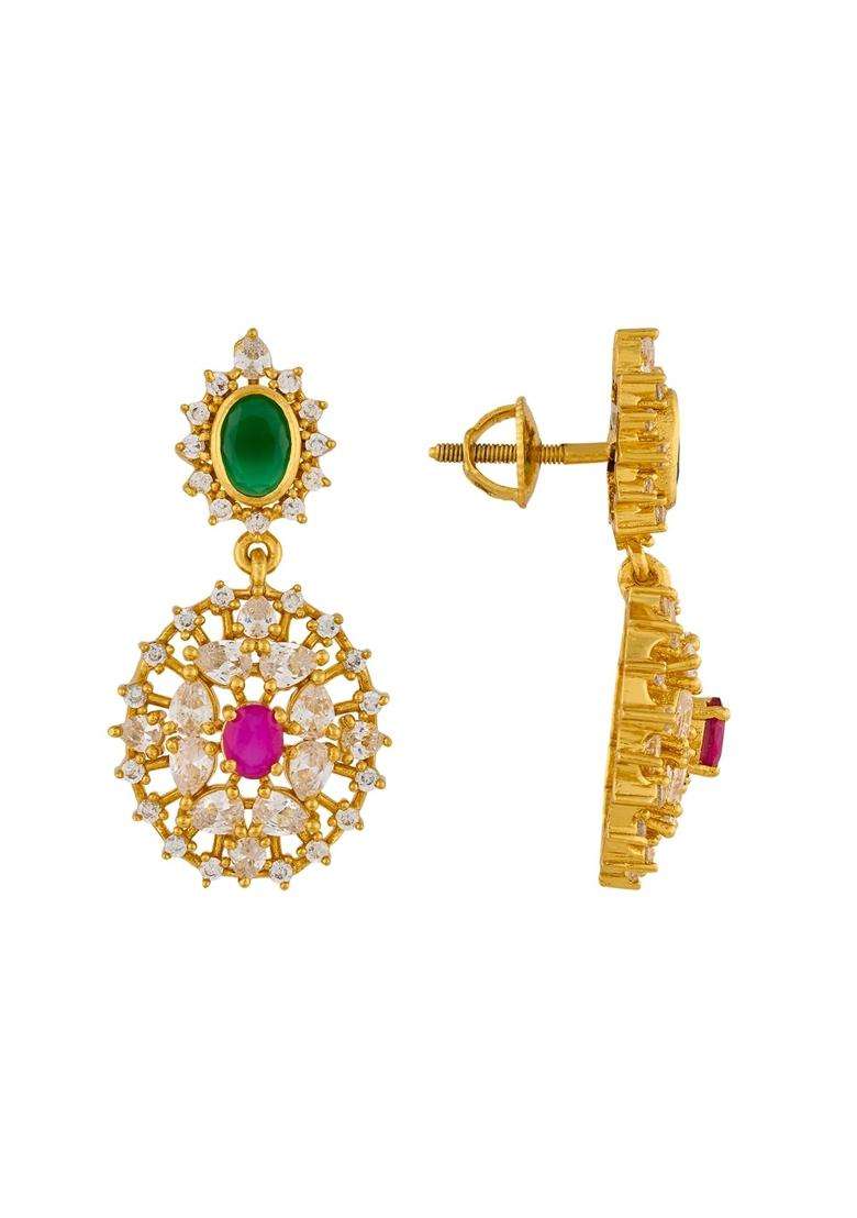 Kushals Fashion Jewellery Ruby Green Gold Polished 925 Silver Temple Hanging Earrings - Indya