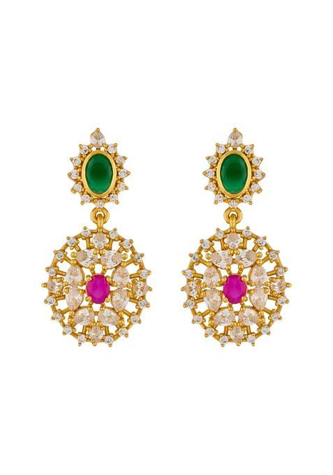 Kushals Fashion Jewellery Ruby Green Gold Polished 925 Silver Temple Hanging Earrings