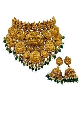 Tara N Tripti Designs TNT Temple Jewellery Lakshmi Choker Necklace Set with Jhumka Earrings Gold Tone