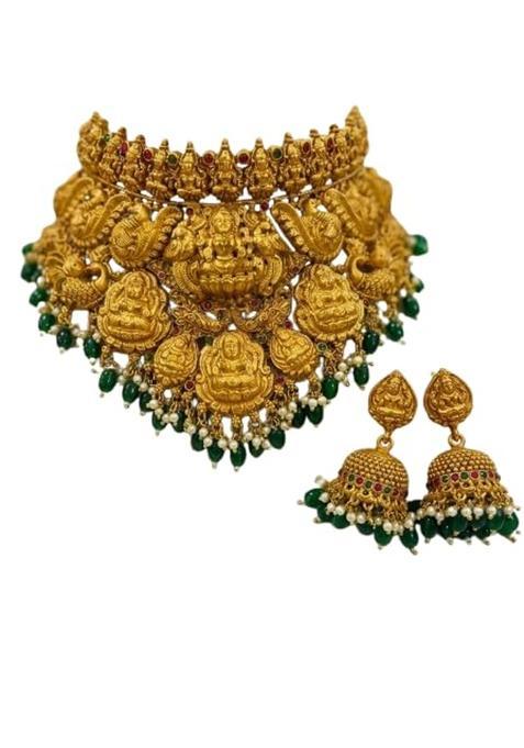 Tara N Tripti Designs TNT Temple Jewellery Lakshmi Choker Necklace Set with Jhumka Earrings Gold Tone