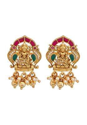 Kushals Fashion Jewellery Ruby Green Oxidised Gold Polished 925 Silver Temple Earring with Screw Back Lock