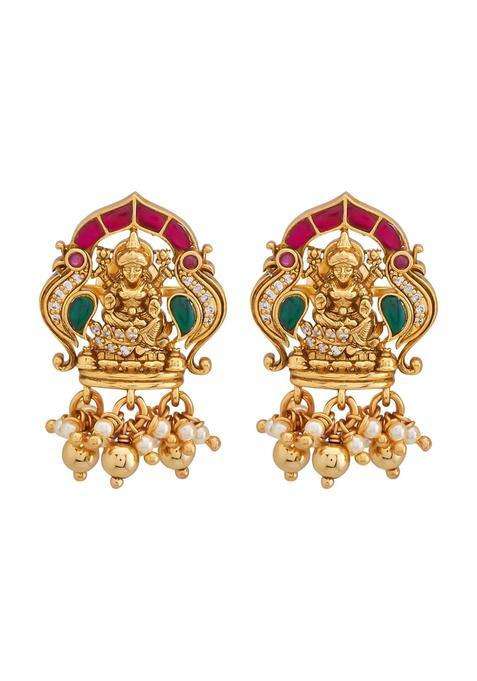 Kushals Fashion Jewellery Ruby Green Oxidised Gold Polished 925 Silver Temple Earring with Screw Back Lock