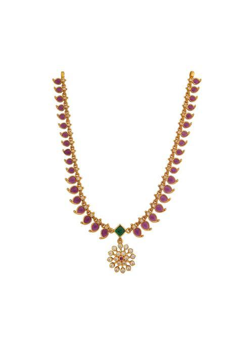 Kushals Fashion Jewellery Ruby Green Gold Polished 925 Silver Temple Necklace