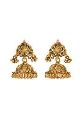 Kushals Fashion Jewellery Ruby Oxidised Gold Polished Temple Jhumka Earrings
