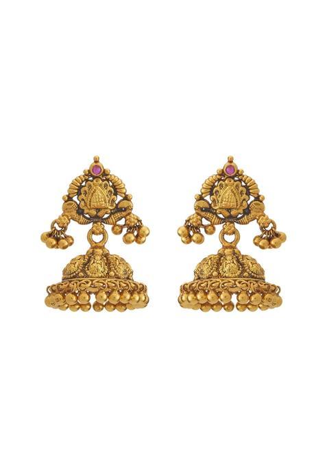 Kushals Fashion Jewellery Ruby Oxidised Gold Polished Temple Jhumka Earrings