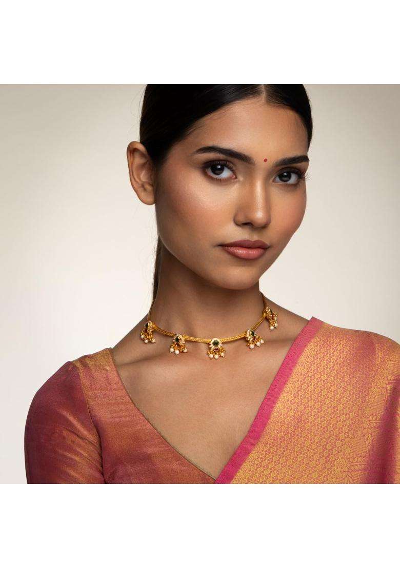 Kushals Fashion Jewellery Ruby Green Gold Polished 925 Silver Temple Necklace - Indya