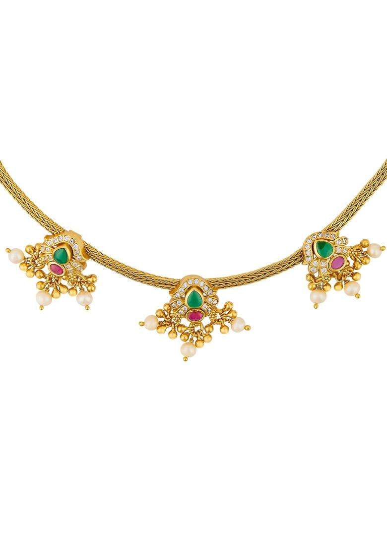 Kushals Fashion Jewellery Ruby Green Gold Polished 925 Silver Temple Necklace - Indya