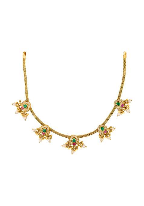 Kushals Fashion Jewellery Ruby Green Gold Polished 925 Silver Temple Necklace