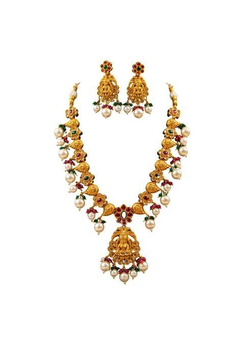 ZIO Womens Gold Tone Temple Jewellery Necklace Set with Goddess Lakshmi Pendant Green and Ruby Stone Accents