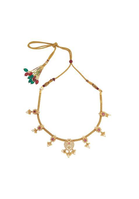 Kushals Fashion Jewellery Ruby Gold Polished 925 Silver Temple Necklace with Adjustable Thread