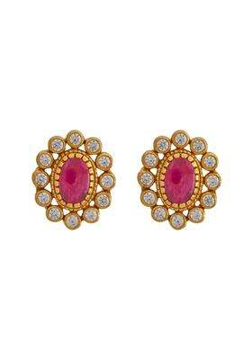 Kushals Fashion Jewellery Ruby Gold Polished 925 Silver Temple Stud Earrings Set for Women