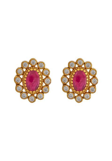 Kushals Fashion Jewellery Ruby Gold Polished 925 Silver Temple Stud Earrings Set for Women