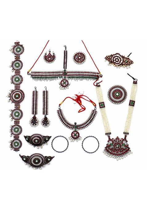 Elite Trading Premium Black and Red Bharatnatyam Temple Jewelry Set Complete Set for Women and Girls