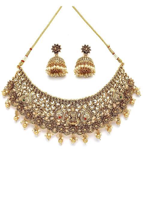Karatcart Gold Classic Laxmi Mata and Peacock Design Choker Temple Jewellery Set for Women