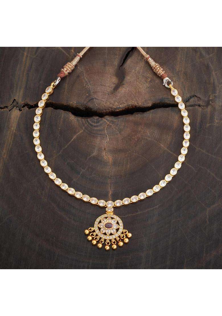 Kushals Fashion Jewellery Ruby White Gold Polished 925 Silver Temple Necklace with Adjustable Thread - Indya